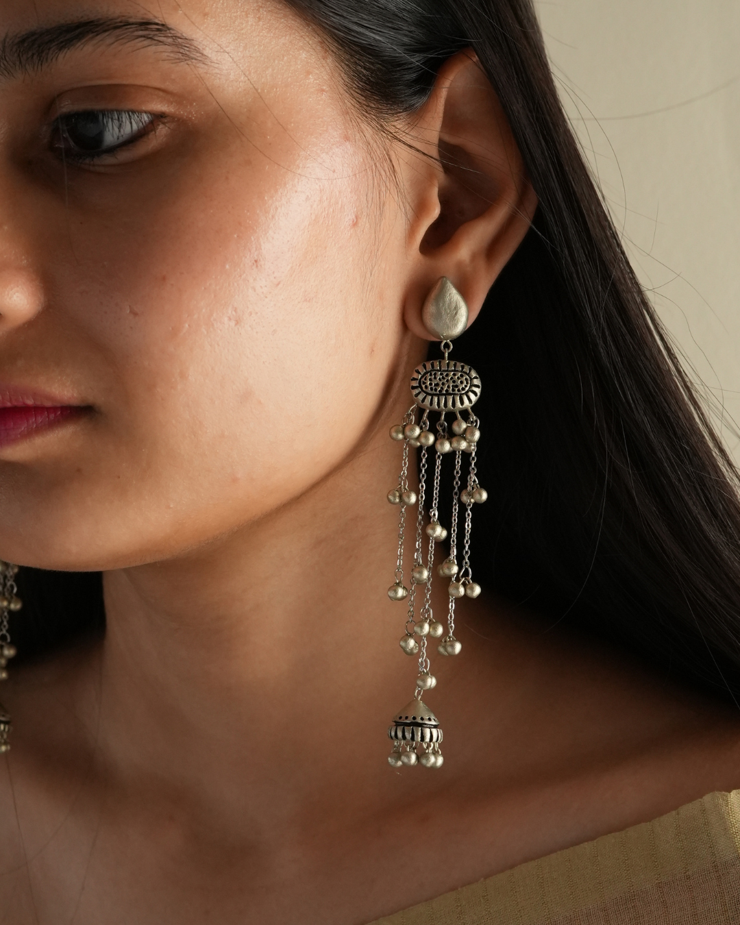 Kashmiri Earrings-Silver-Model
