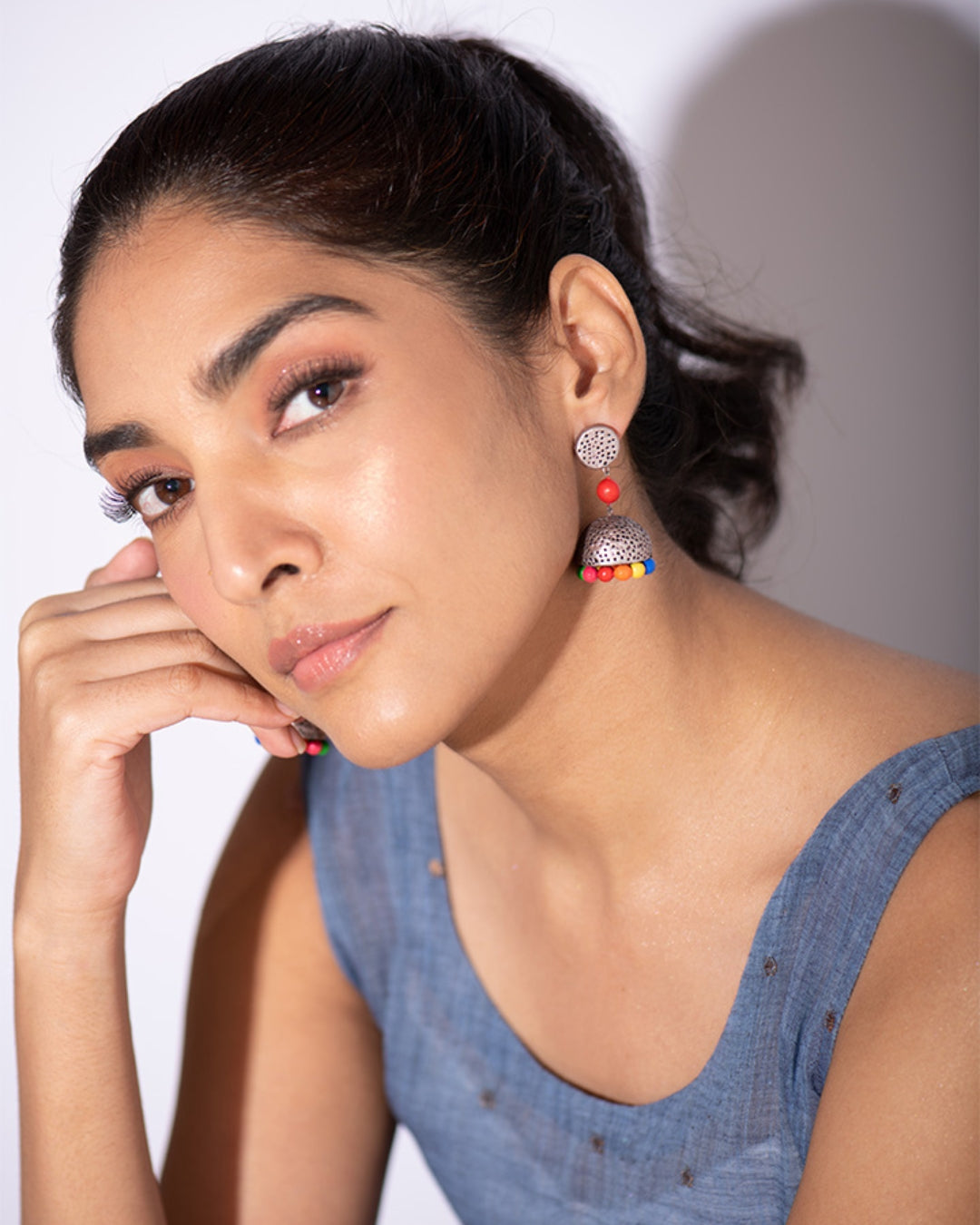 Festive-Silver-And-Red-Small-Statement-Jhumka