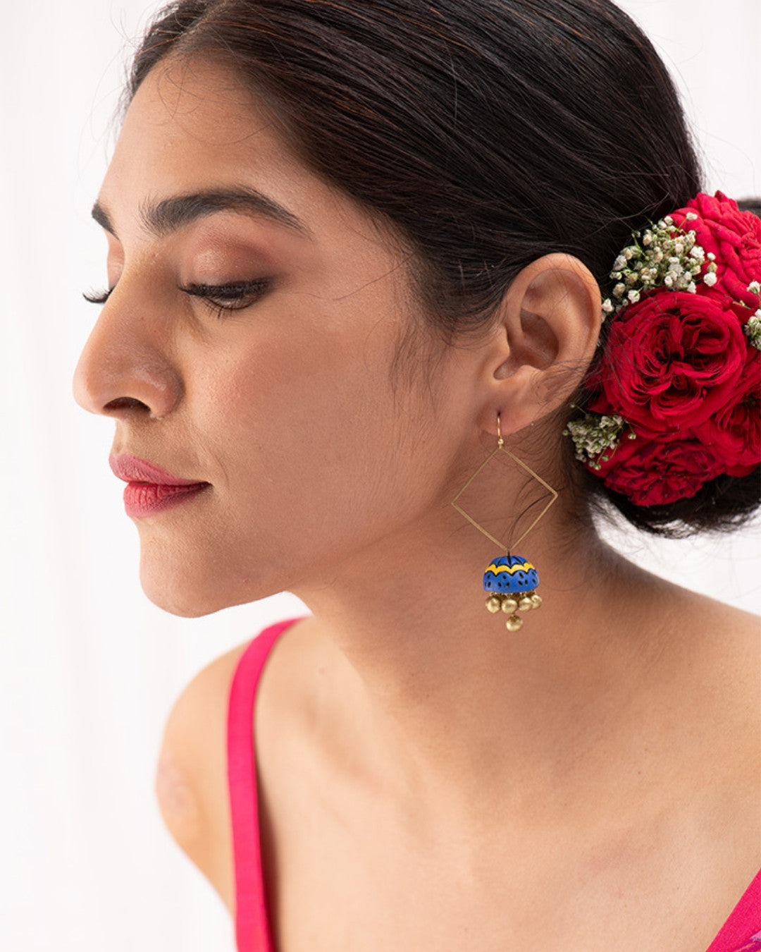 Hypoallergenic-Terracotta-Gold-Blue-Hoop-Earrings