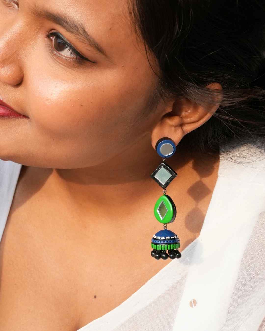 Navratri_Jhumkas_Blue_and_Green Hangings-Model Image