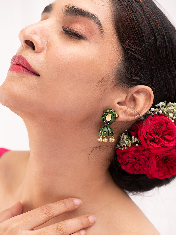 Gold-and-Green-Peacock-Jhumka-Earrings