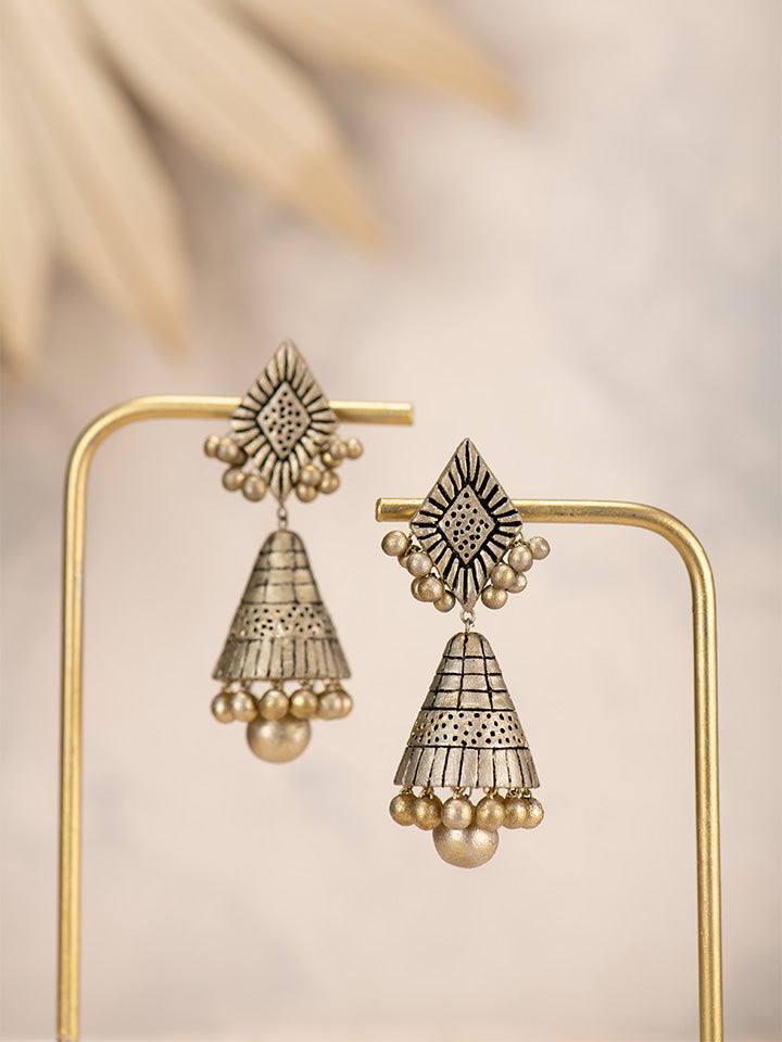 Terracotta-Mettalic-And-Silver-Jhumka-Earrings