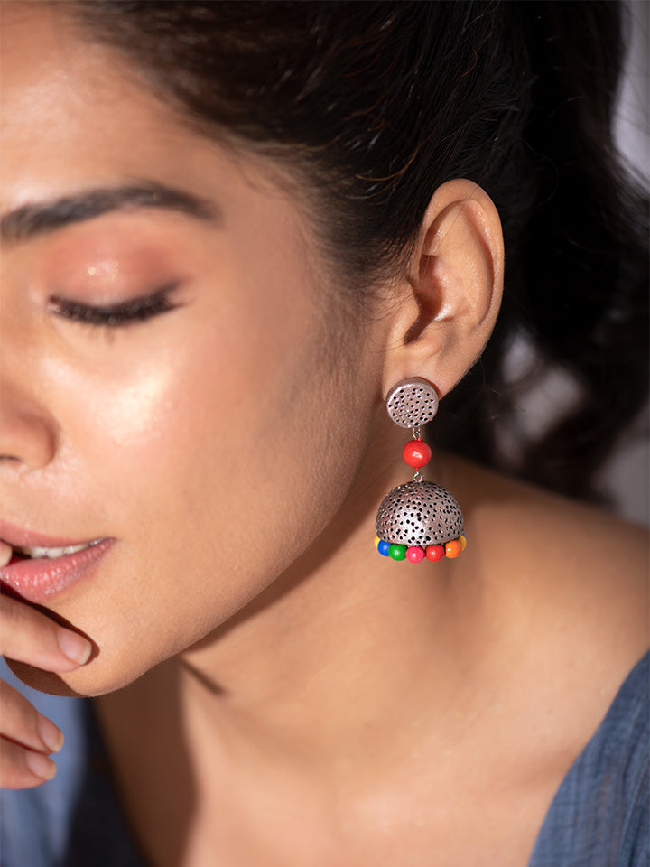 Festive-Silver-And-Red-Small-Statement-Jhumka